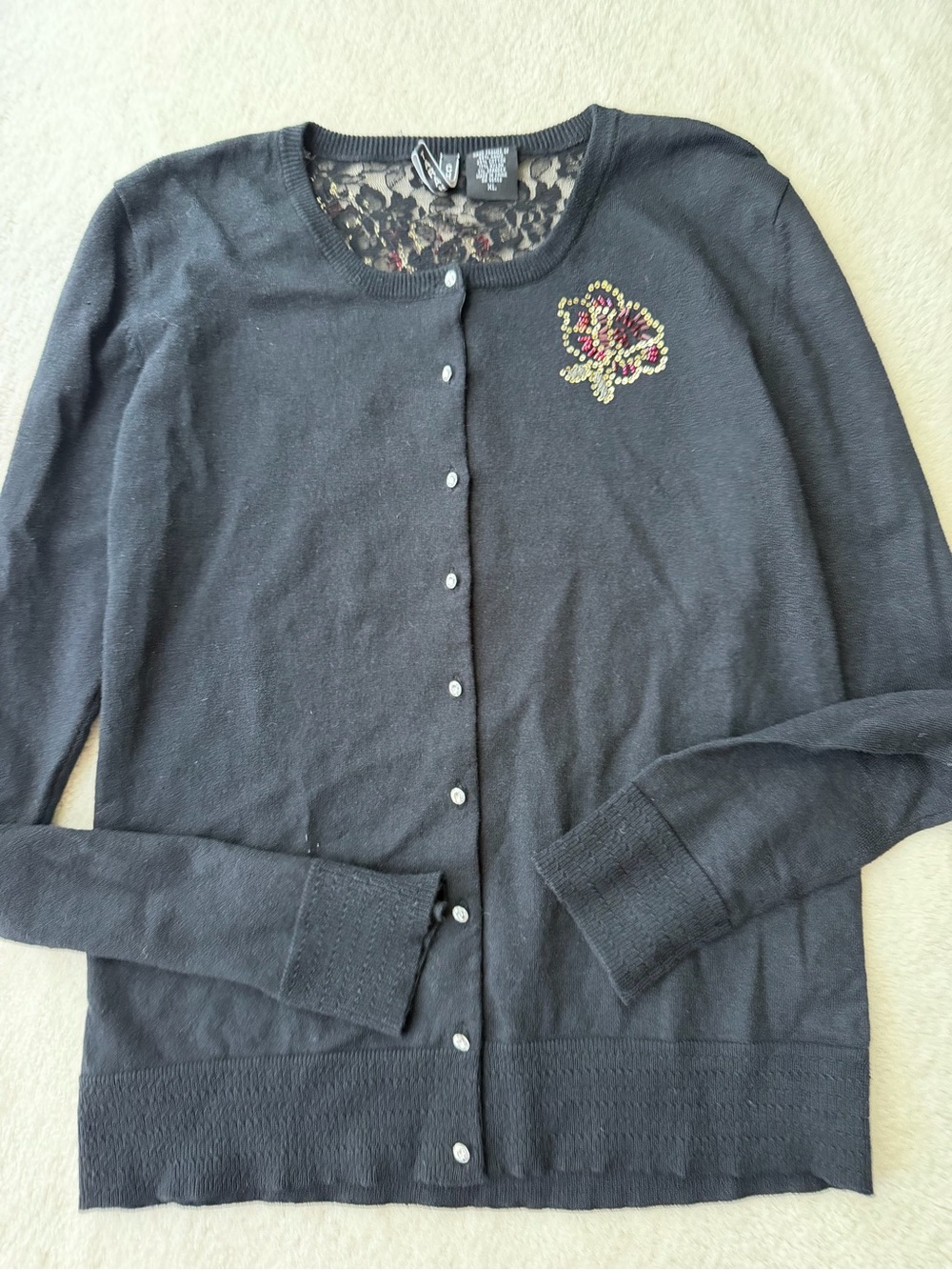 Charlotte Tarantola Black Lace Back Cardigan with Embroidered Sequins Flowers